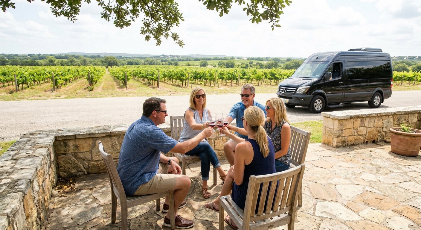 Fredericksburg wine tour group enjoying a relaxing weekend from San Antonio