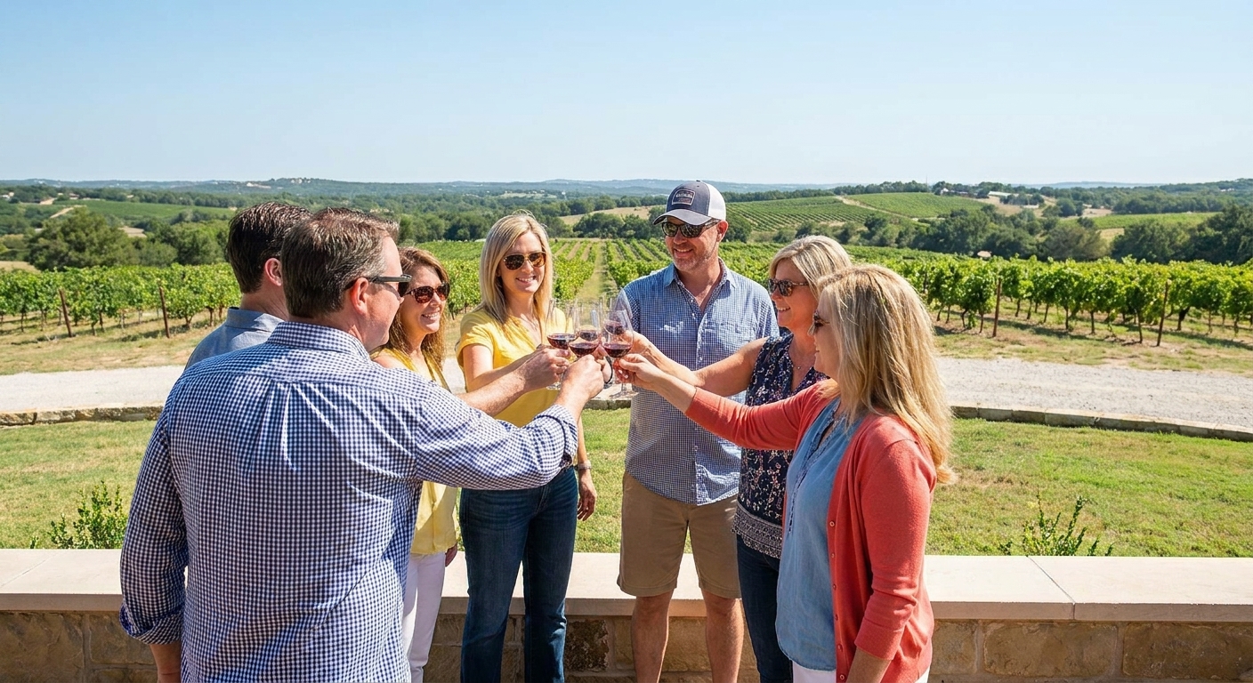 Group enjoying a Hill Country wine tour from San Antonio with friends, vineyards, and transportation