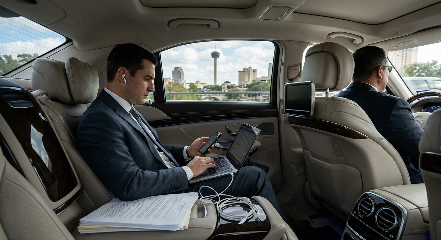 Business traveler in San Antonio staying productive using car service time